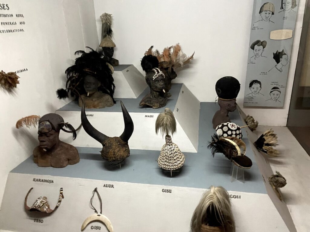 Traditional masks, horns and headdresses on display at the Uganda Museum