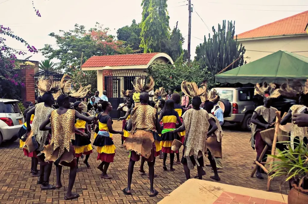 Acholi dancers performing the Bwala royal dance