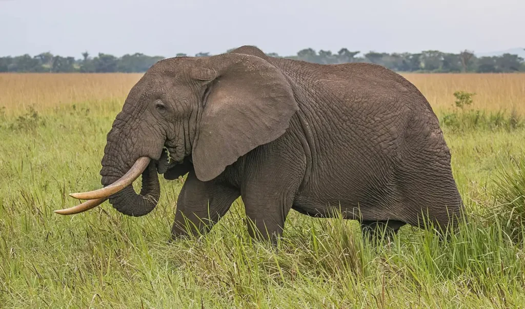 African elephant bull with tusks feeding in grassland