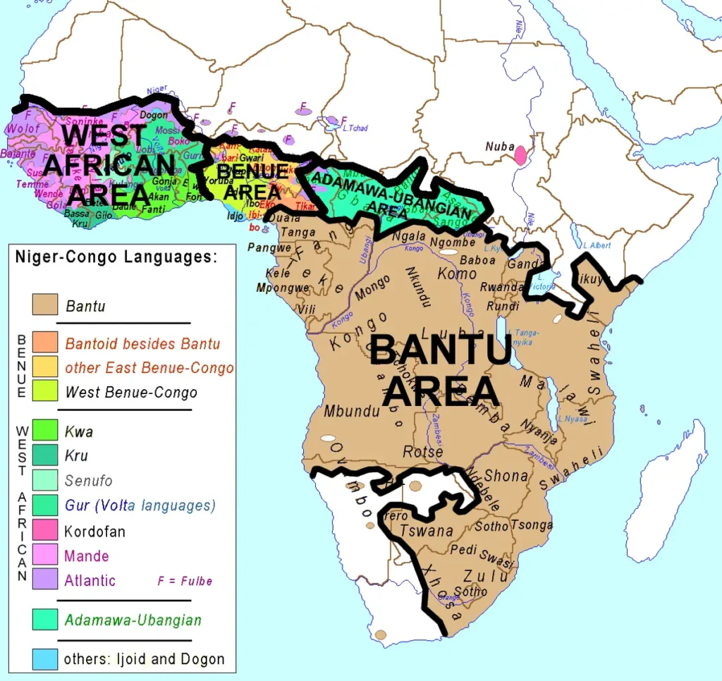 Map of Niger-Congo languages showing the large Bantu area across central, eastern and southern Africa