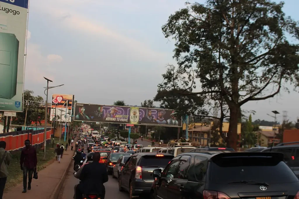 Evening traffic jam building up on a Kampala road