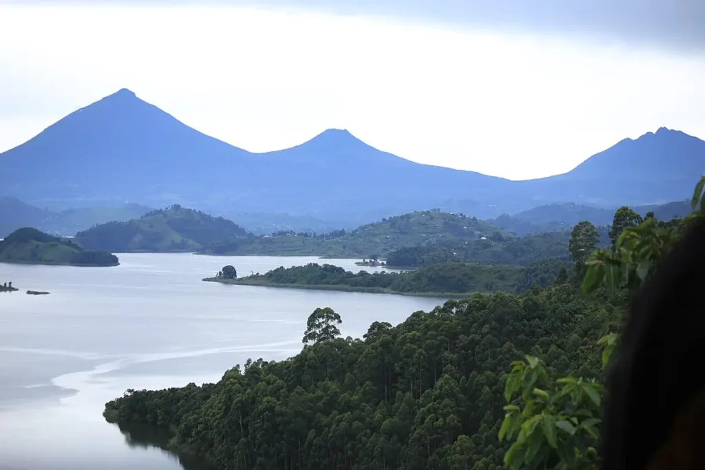 Lake Mutanda with the Muhabura volcano range in the distance