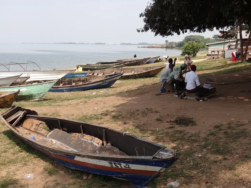 Fishing boats in a village on the Lake Victoria shore near Entebbe