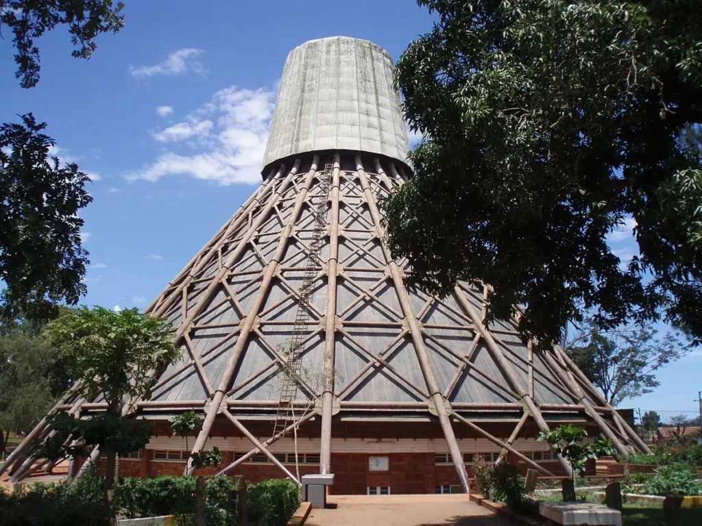 Exterior of the Namugongo Martyrs Shrine under a blue sky